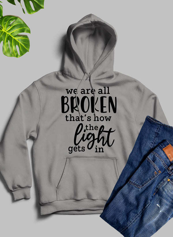 Heather gray pullover hoodie with front graphic text and kangaroo pocket
