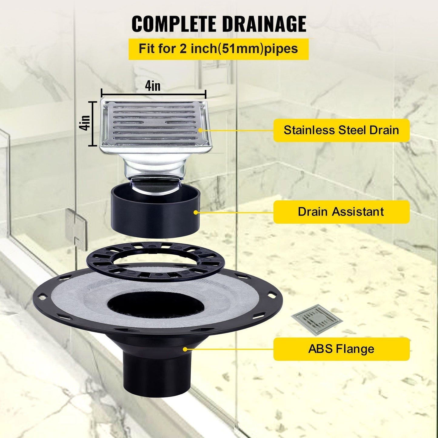 VEVOR Shower Curb Kit, 38"x60" Watertight Shower Curb Overlay with 4\" ABS Offset Bonding Flange, 4\" Stainless Steel Grate, 2 Cuttable Shower Curb and Trowel, Shower Pan Slope Sticks Fit for Bathro