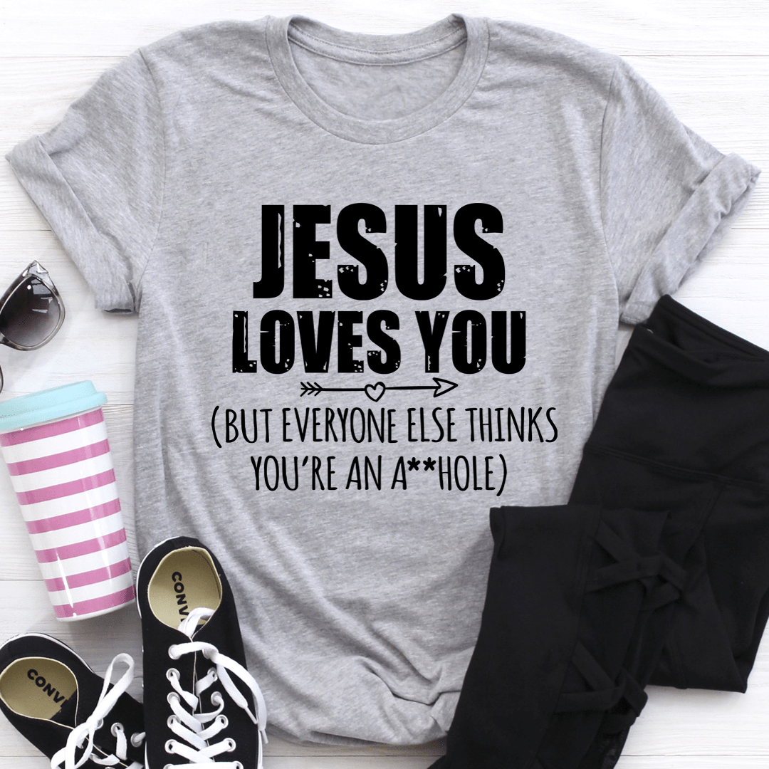 Athletic heather crewneck T-shirt with black 'JESUS LOVES YOU' and slogan text.