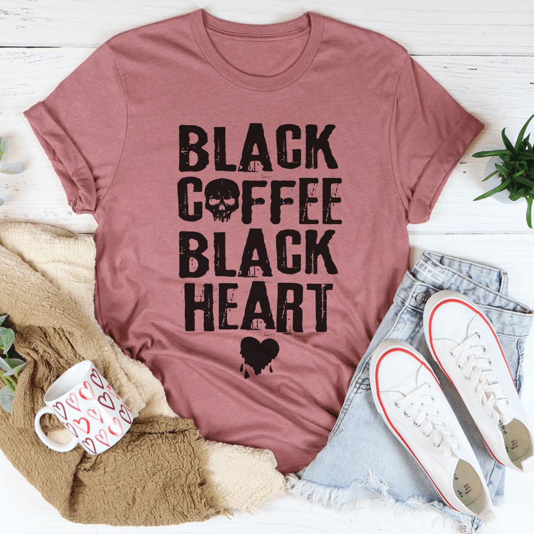 Mauve crewneck T-shirt with "BLACK COFFEE" and "BLACK HEART" graphic print