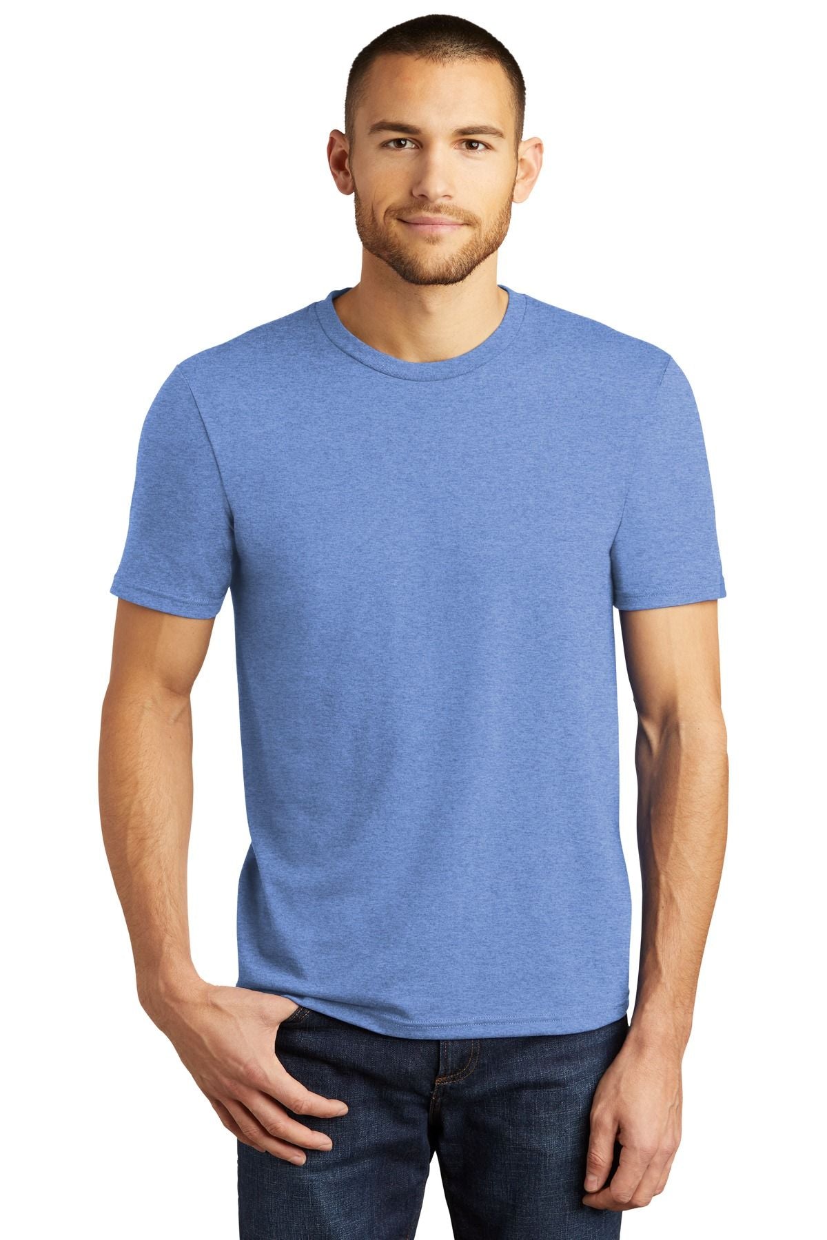 Light blue crewneck tri-blend T-shirt with short sleeves and ribbed collar