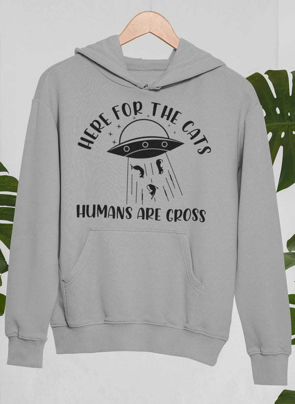 Light gray hoodie with front pocket and cat graphic, “Humans are cross”