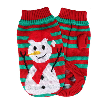 Red and green striped pet turtleneck sweater with large white snowman graphic