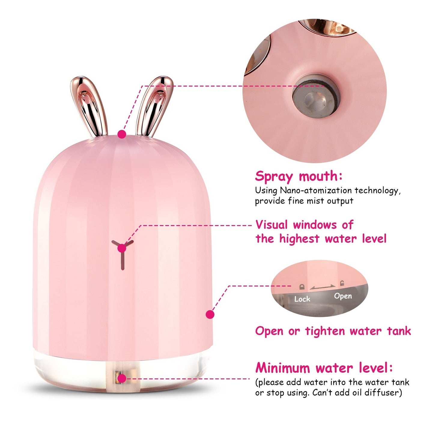 Pink bunny cool mist humidifier with visible mist outlet and front control area