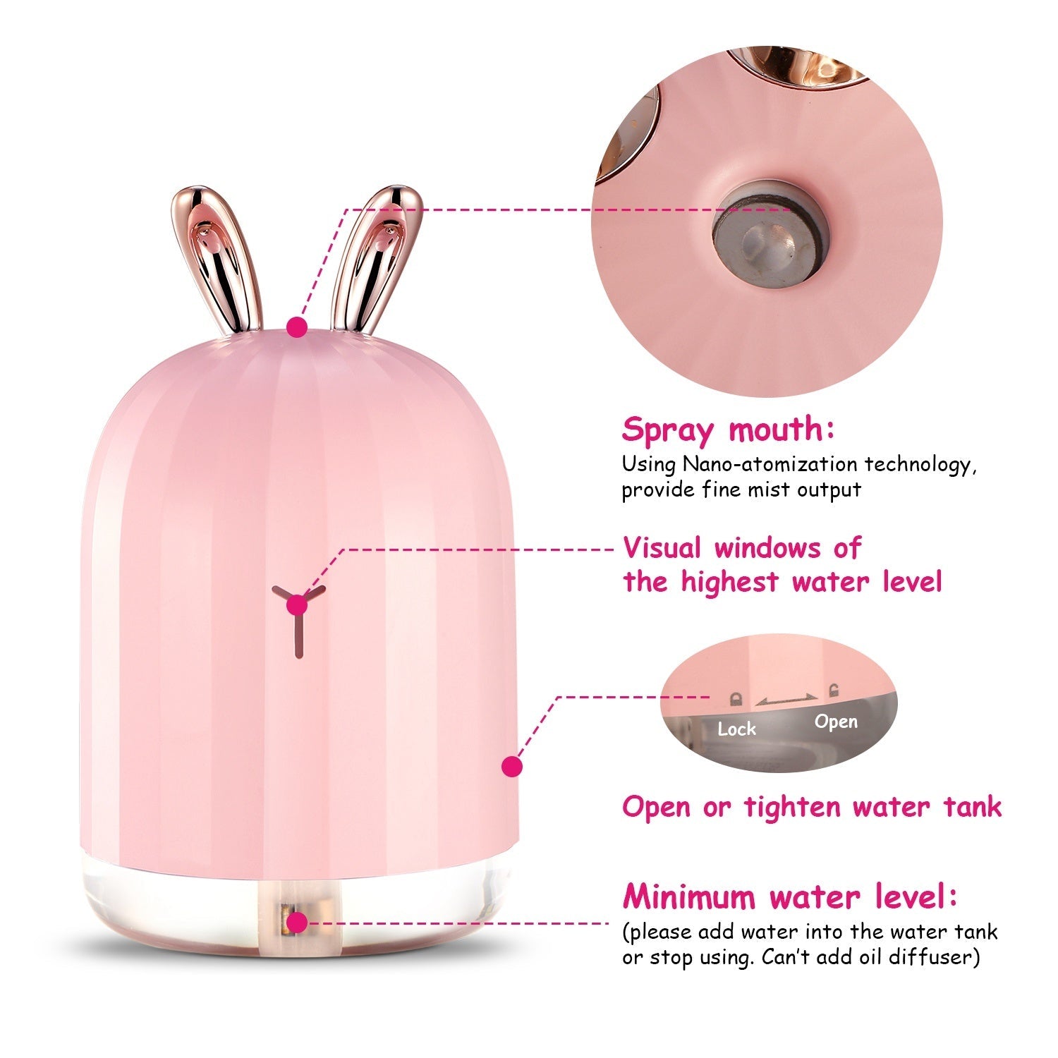 Pink bunny cool mist humidifier with visible mist outlet and front control area