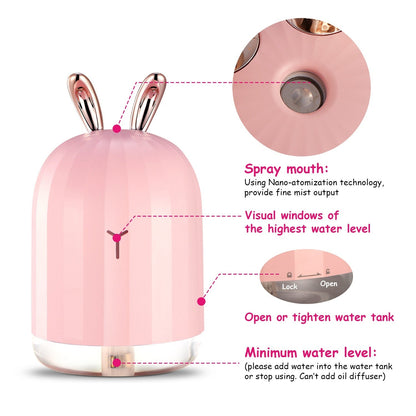 Pink bunny cool mist humidifier with visible mist outlet and front control area