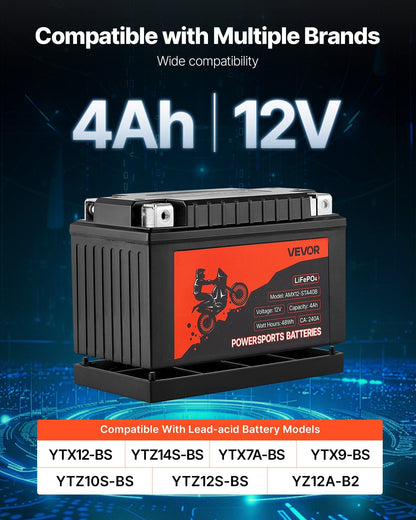 VEVOR 12V 4Ah LiFePO4 motorcycle battery with top terminal posts
