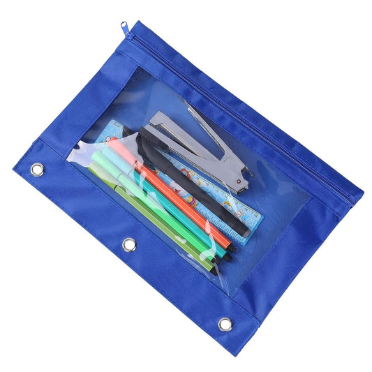 Blue pencil pouch with transparent window, zipper, and metal grommets