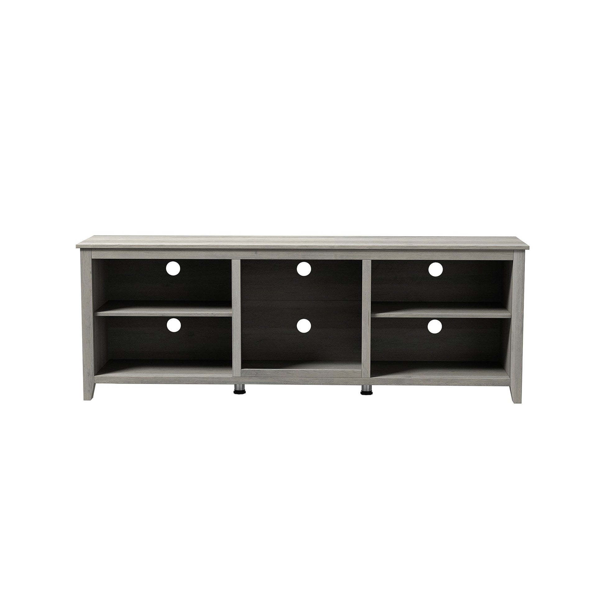 TV stand media console front view with 6 open cubbies and round holes, light gray