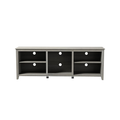 TV stand media console front view with 6 open cubbies and round holes, light gray