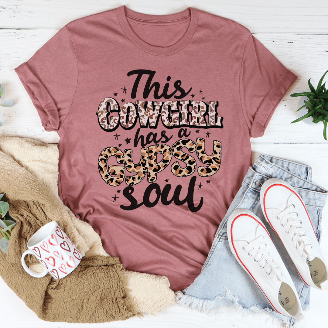 Mauve short-sleeve T-shirt with leopard cowgirl-style graphic and 'soul' text