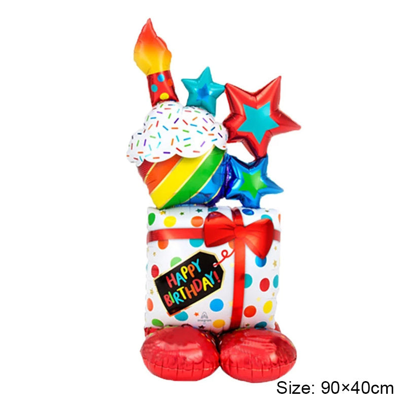 Happy Birthday gift box foil balloon with colorful ribbon, stars, and red base