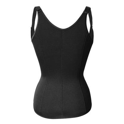 Black waist trainer corset with U-neckline and adjustable shoulder straps