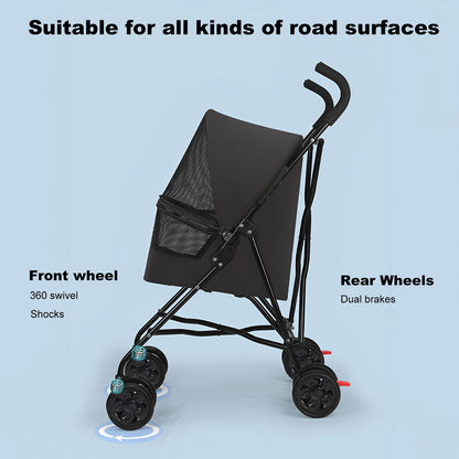 Pet Stroller for Small Dogs Cats with Mesh Ventilation, Lightweight Foldable Design, Cup Holder, Black