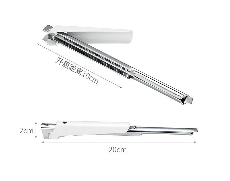 Adjustable jar lid opener with serrated grip and long stainless steel body, white top.