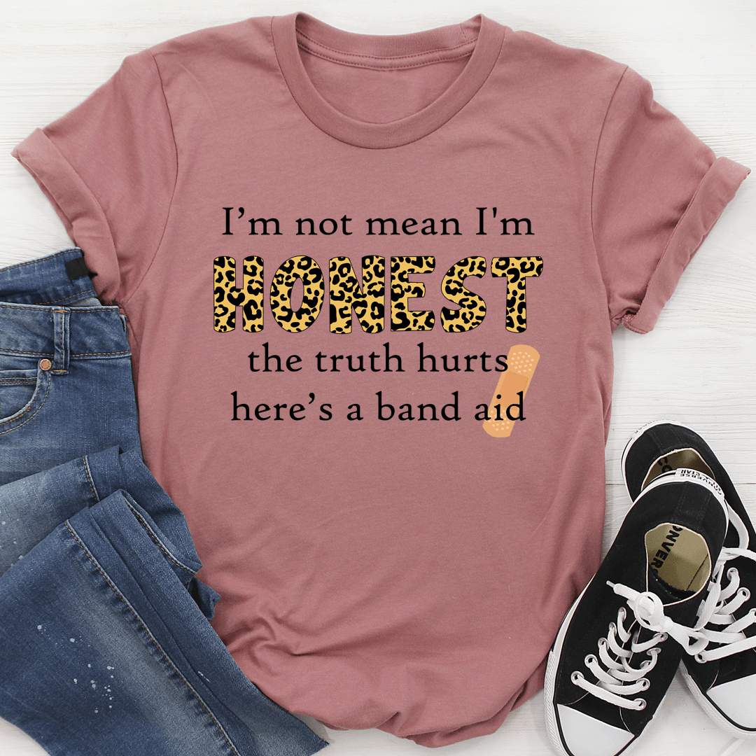 Mauve T-shirt, centered front graphic with leopard HONEST and band-aid