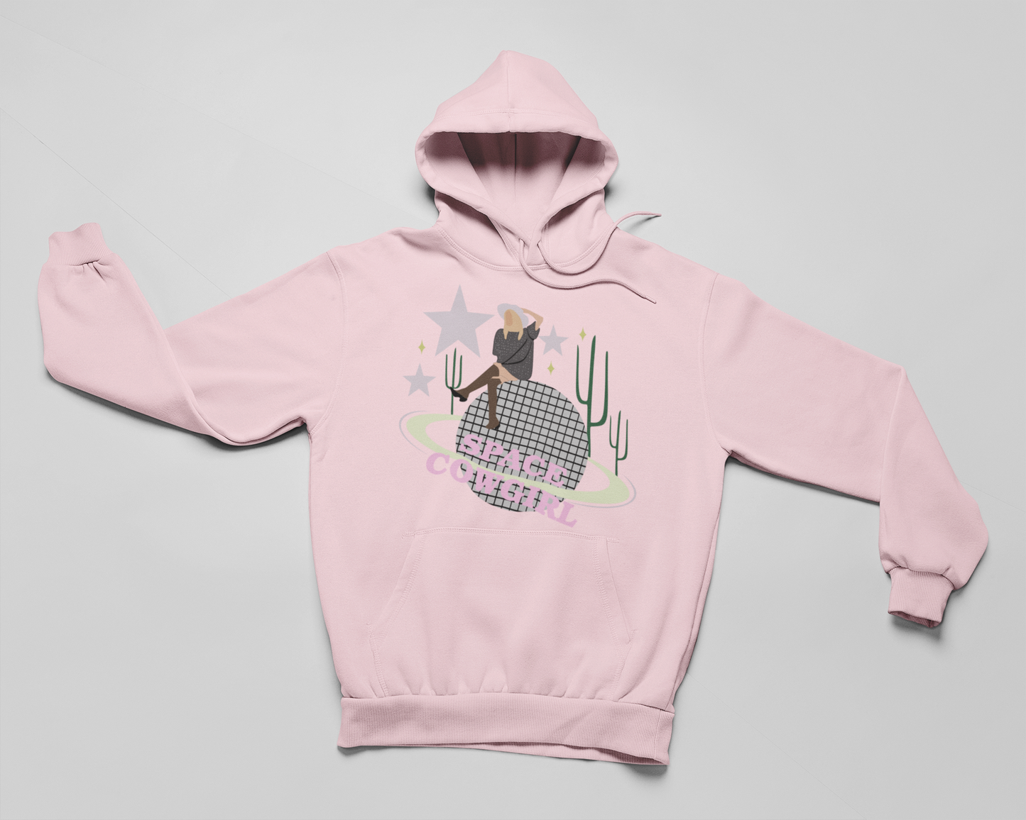 Pink Space Cowgirl hoodie with front graphic and pullover hood