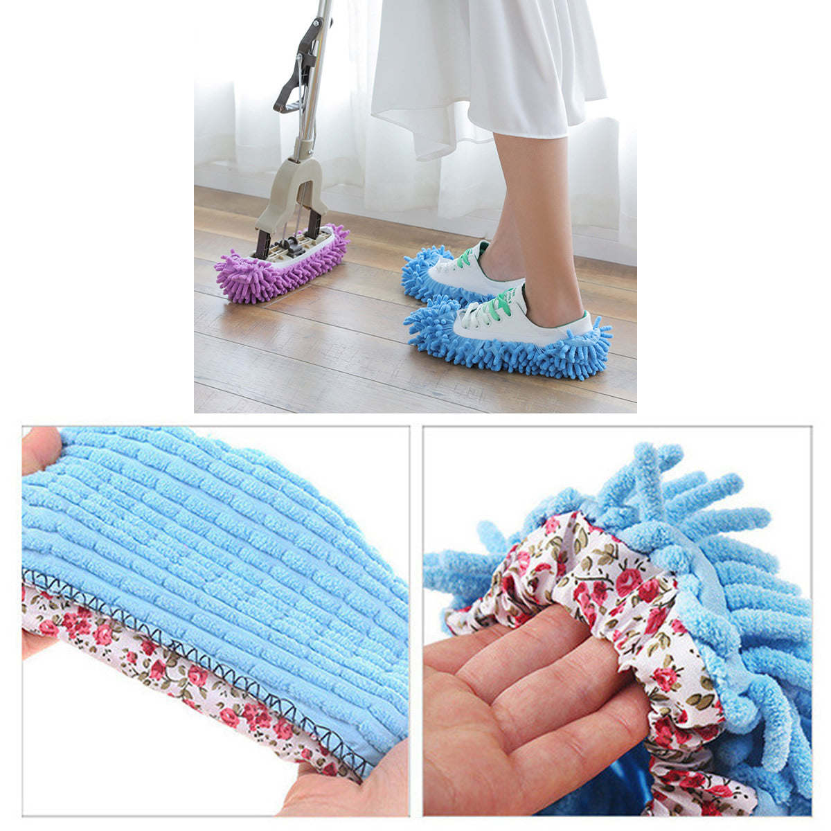Blue slip-on mop slippers with floral fabric trim and fringed microfiber.