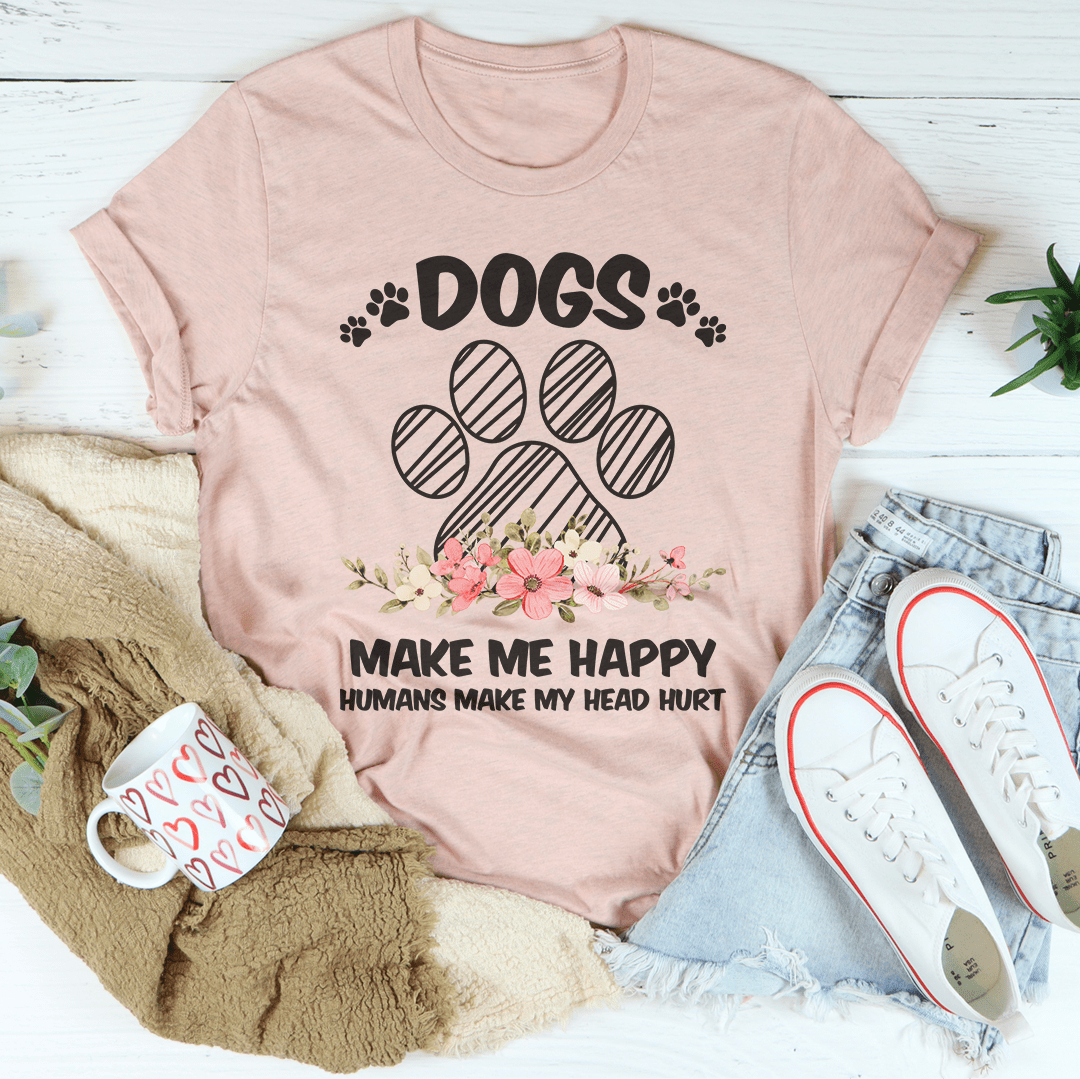 Blush pink T-shirt with DOGS paw print graphic and MAKE ME HAPPY slogan
