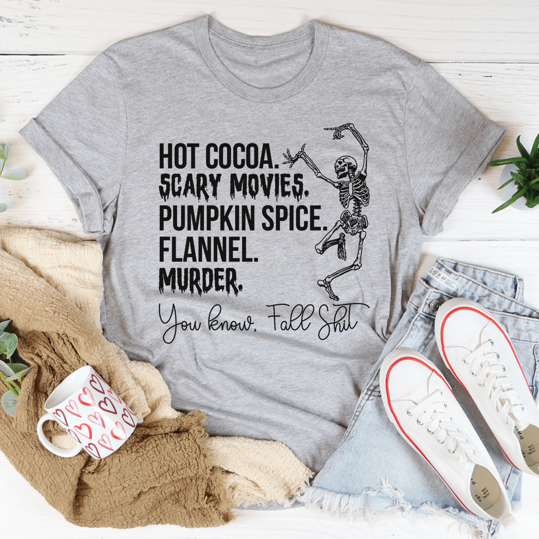 Gray short-sleeve t-shirt with black stacked Halloween text and skeleton graphic