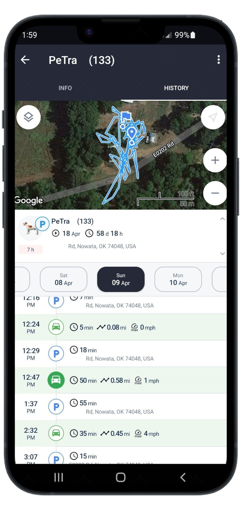 GPS tracking app on phone showing route history and activity timeline