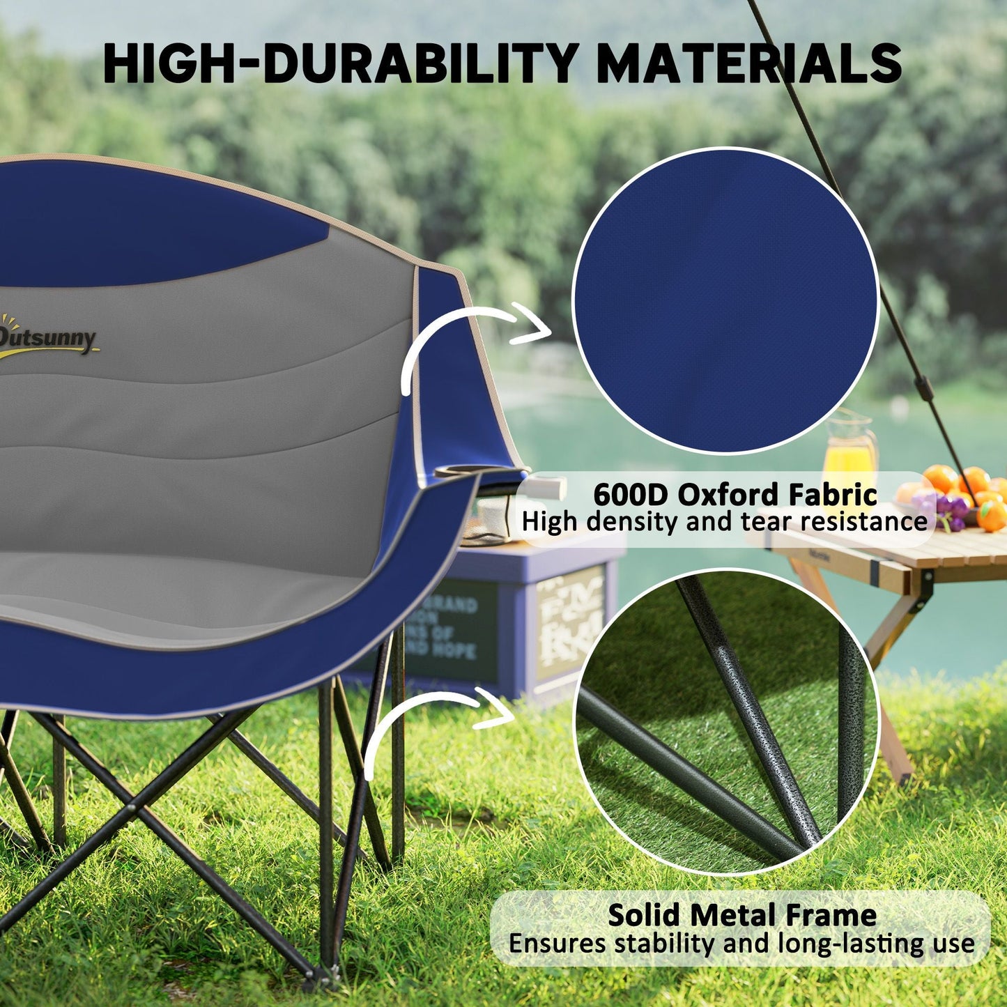 Padded Folding Camp Chair for Adults, Double Camping Chairwith Armrests, Cup Holders, Carry Bag for Outdoor, Blue