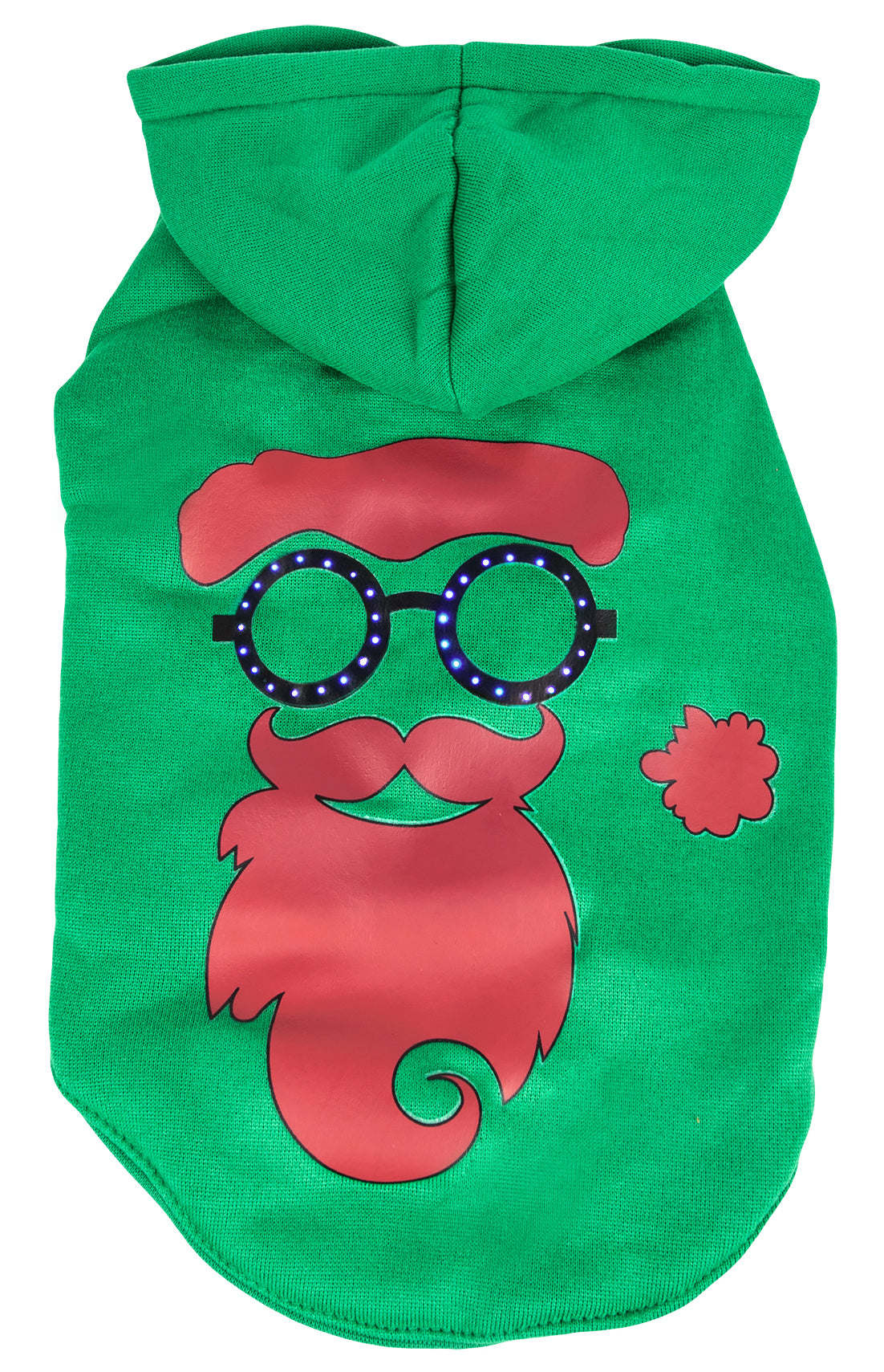 Green hooded pet sweater with red Santa face graphic and mustache on front