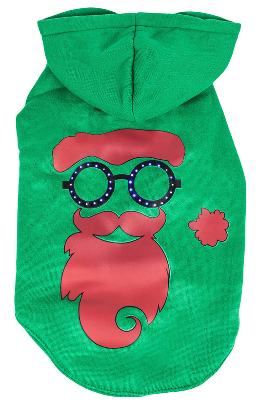 Green hooded pet sweater with red Santa face graphic and mustache on front