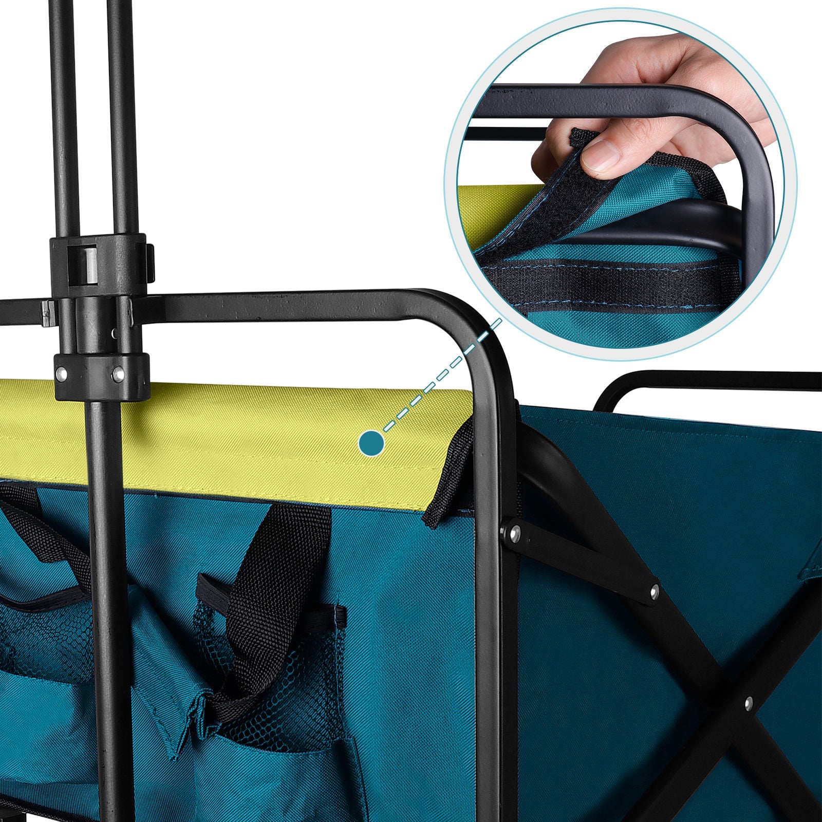 Collapsible folding utility wagon handle detail with black frame and blue fabric panel