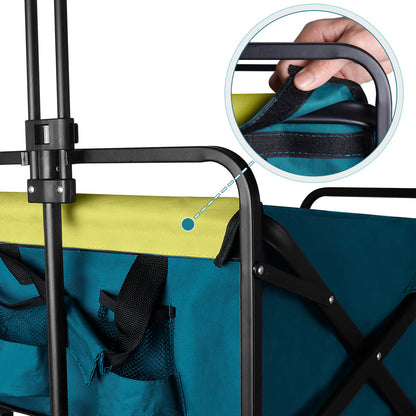 Collapsible folding utility wagon handle detail with black frame and blue fabric panel