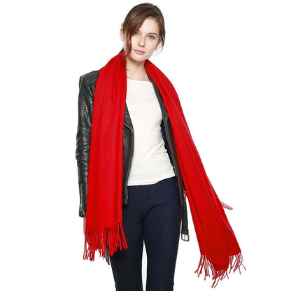 Red pashmina shawl with fringe ends, shoulder drape