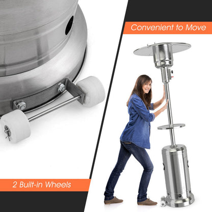 Silver propane patio heater cylinder base with two built-in wheels for moving