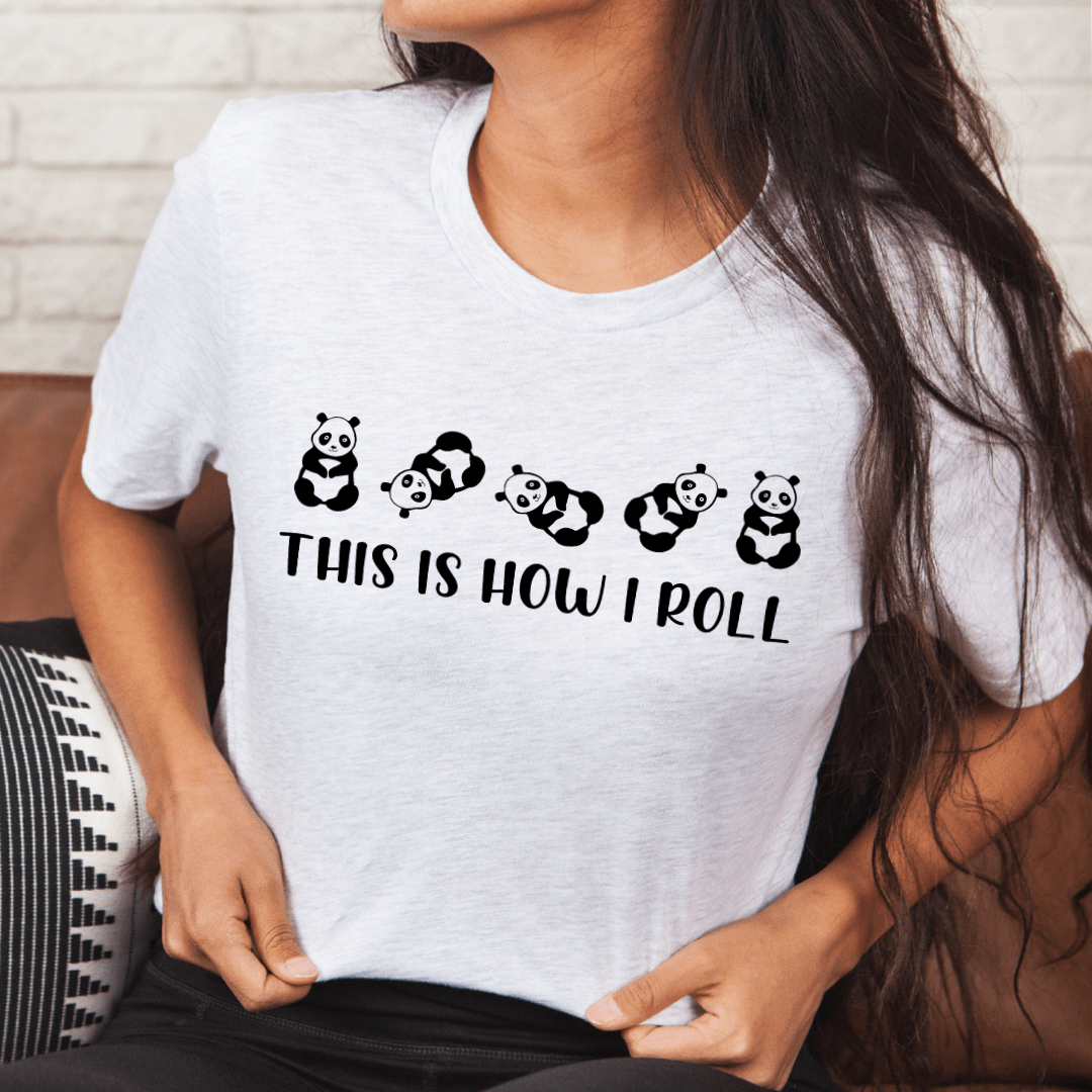 Heather gray T-shirt with panda graphic and This is how I roll text