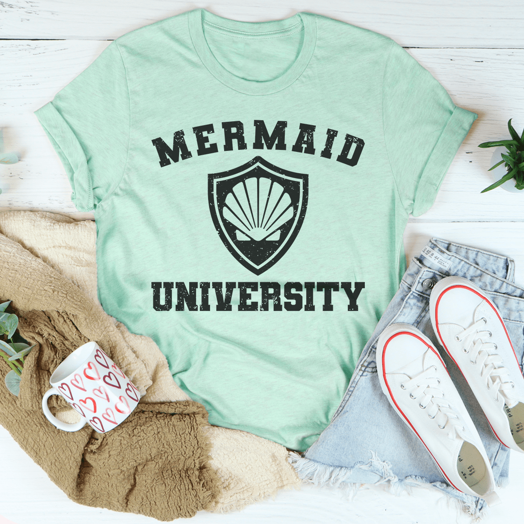 Mint crew-neck T-shirt with MERMAID UNIVERSITY shield graphic