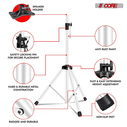 5 Core Speaker Stand Tripod Floor Tall Adjustable Up to 72 Inch DJ Studio Monitor Stands Pole Mount - SS ECO 1PK WOB