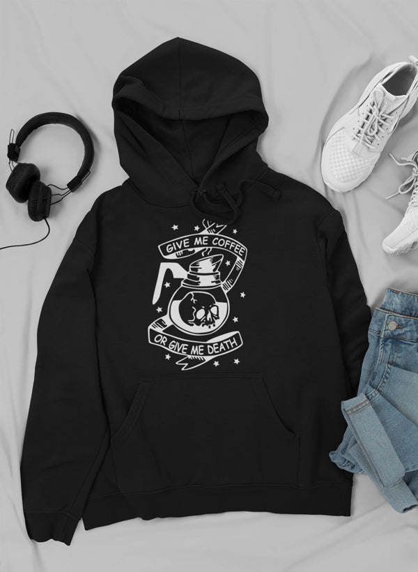 Black pullover hoodie with kangaroo pocket, drawstring hood, and coffee-death center emblem.