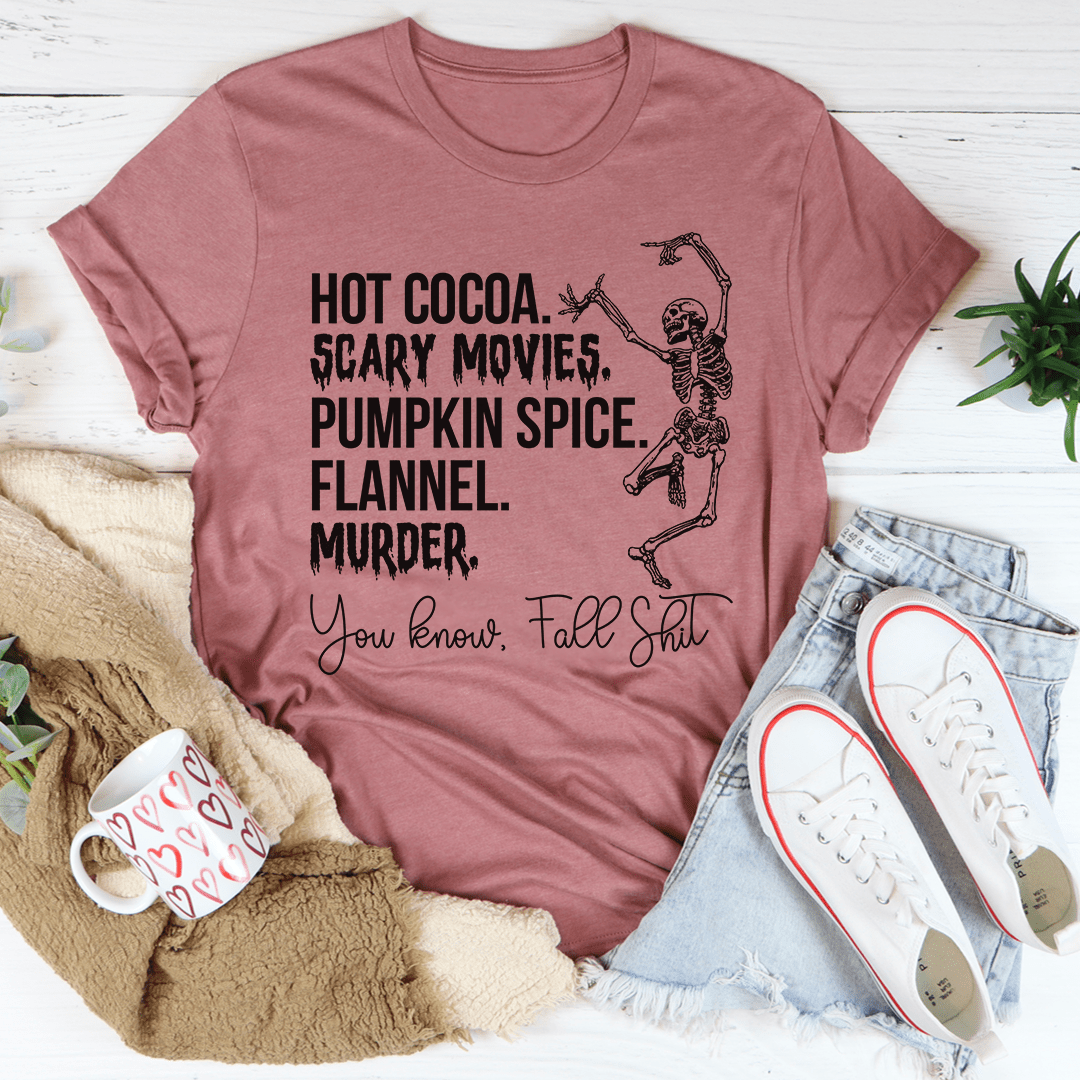 Mauve crewneck T-shirt with Halloween quote and skeleton graphic on front