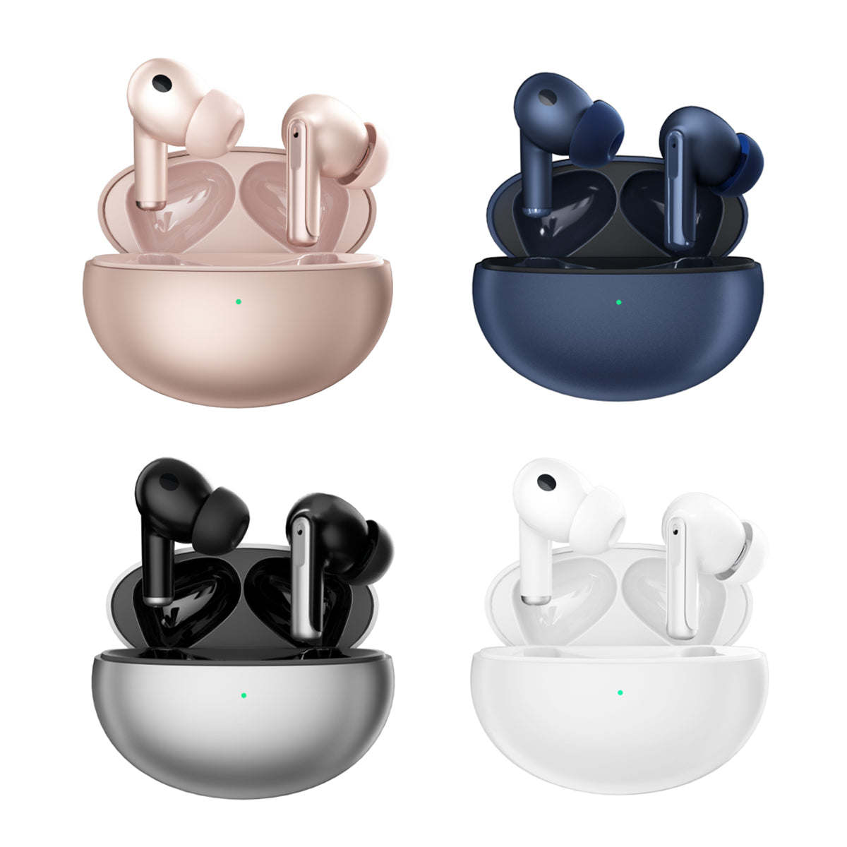 Wireless earbuds with charging cases in pink, navy, black, and white