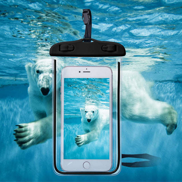 Transparent waterproof phone pouch with black top mount clip and phone inside