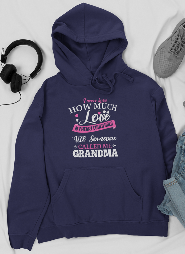 Navy pullover hoodie with front pocket, hood drawstrings, and Grandma message print
