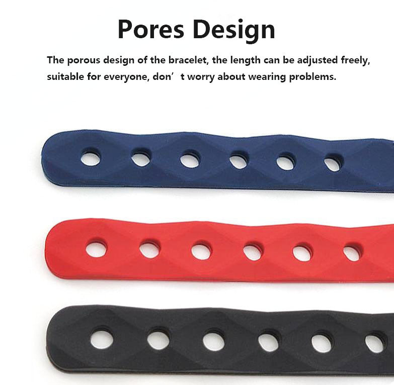 Anti-static bracelet strips in blue, red, and black silicone with multiple adjustment holes