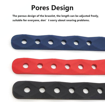 Anti-static bracelet strips in blue, red, and black silicone with multiple adjustment holes