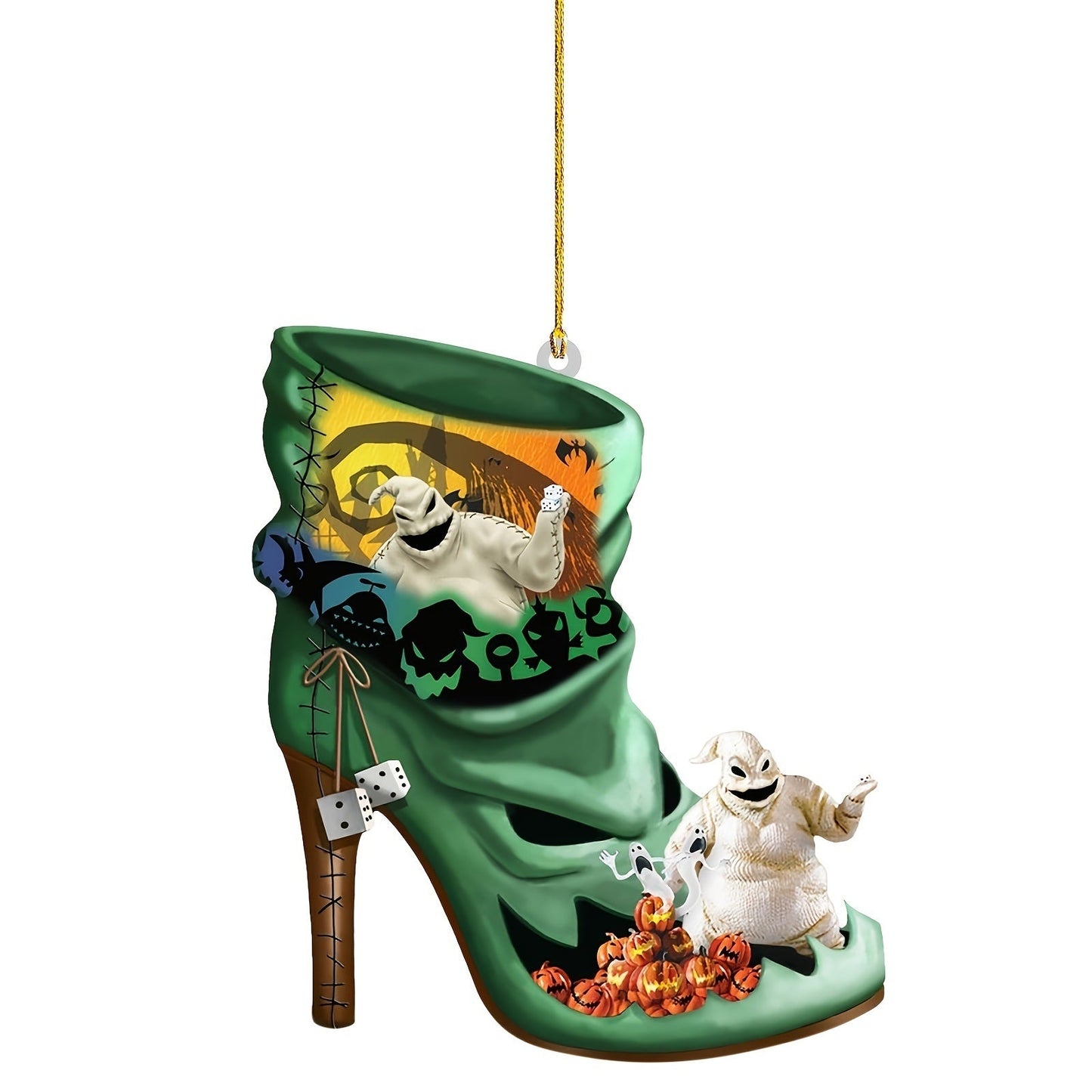 Green Halloween boot pendant ornament with spooky backdrop and white ghost figure