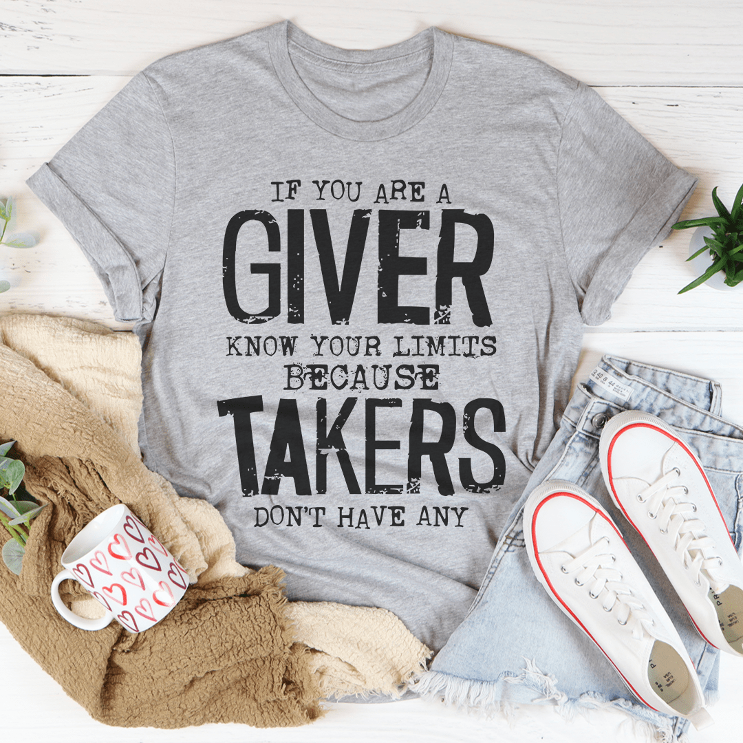 Heather gray T-shirt with 'GIVER' slogan front graphic and crew neck