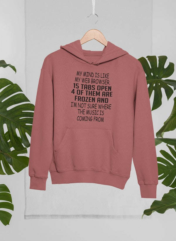 Mauve hooded pullover hoodie with front graphic text and kangaroo pocket