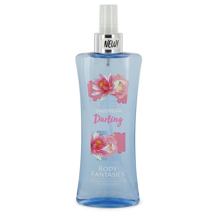 Body spray bottle with pink floral graphics and clear pump sprayer