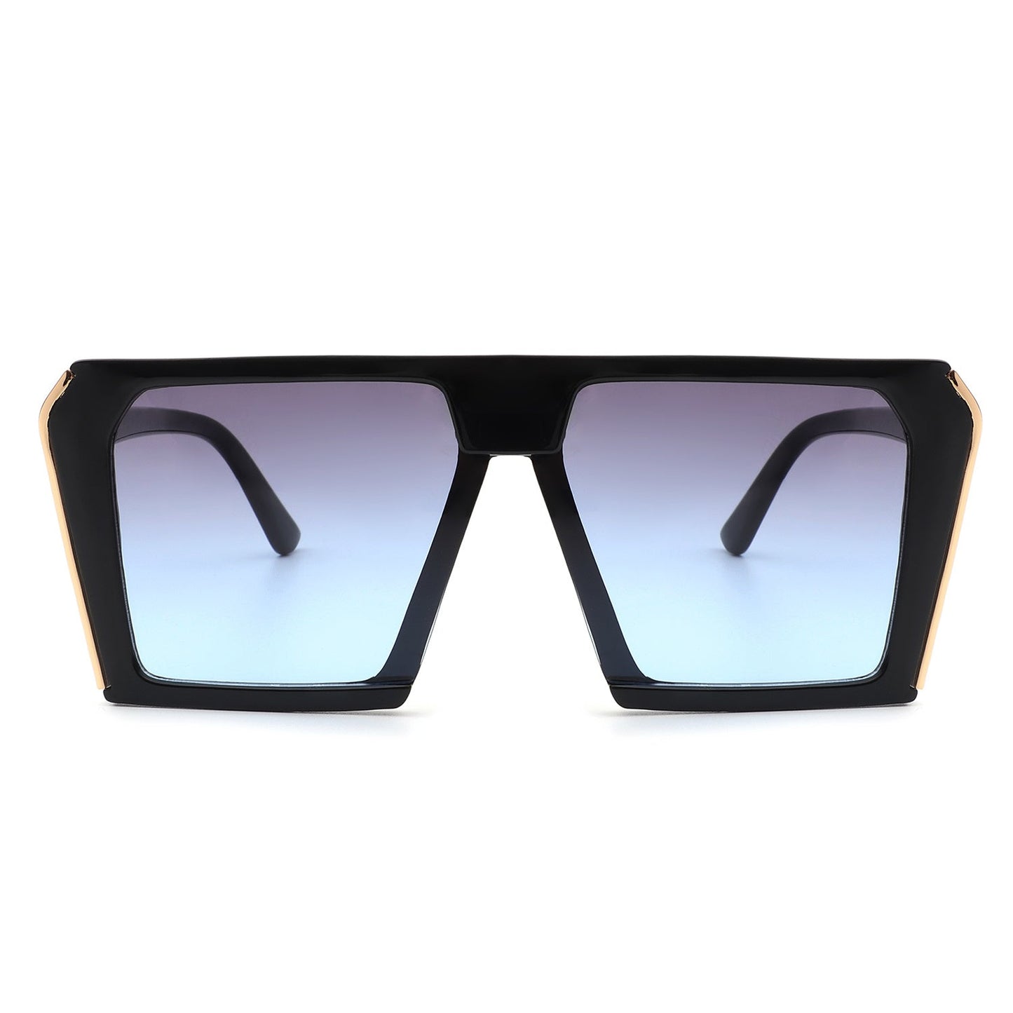 Women’s square oversize sunglasses, black frame with blue-tinted gradient lenses