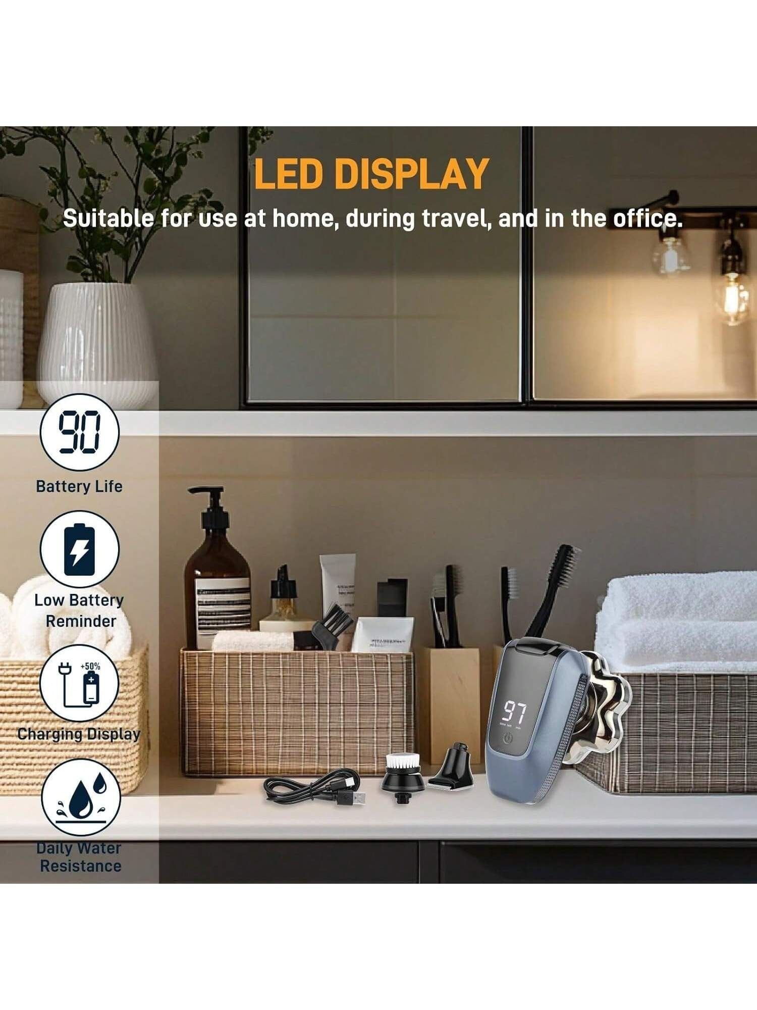 Electric shaver with LED display, dark blue handle, charging cable and accessories