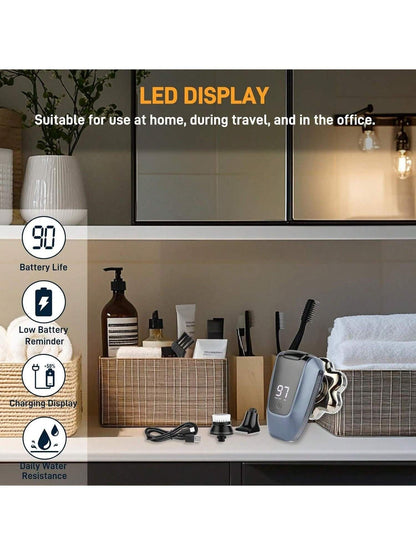 Electric shaver with LED display, dark blue handle, charging cable and accessories