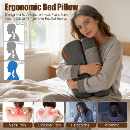 Dark grey ergonomic heated neck pillow with orange tab cradling the neck